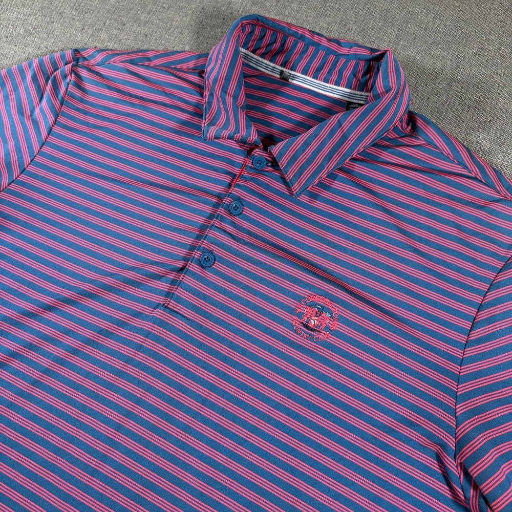 Adidas Polo Shirt Men Medium Blue Pink Striped MacGregor Downs Country Club Golf